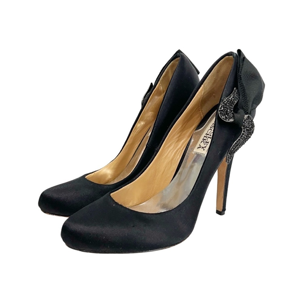 Badgley Mischka black satin side bow with black crystals formal heels size 6M